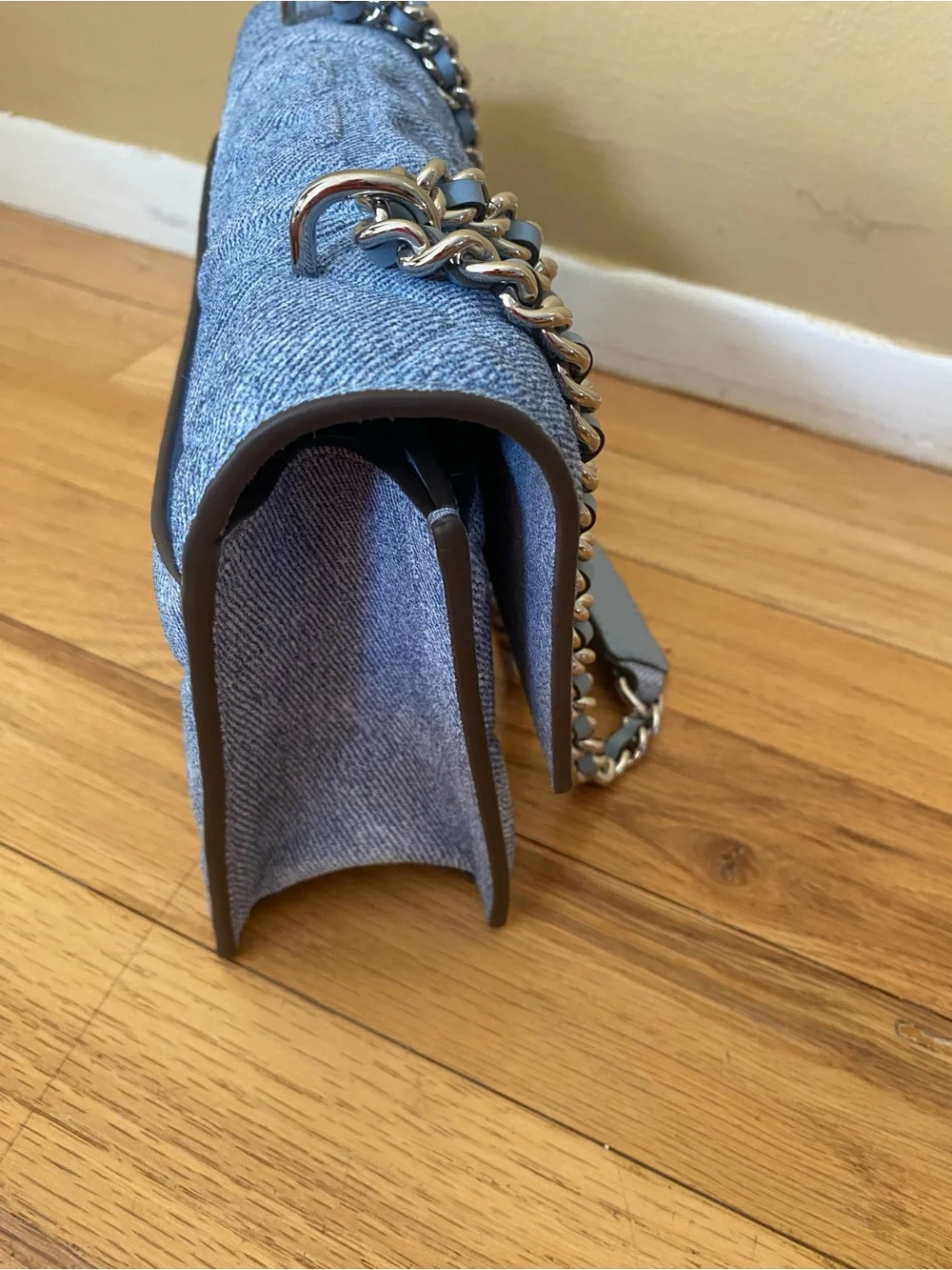 Tory Burch small Fleming shoulder bag. Quilted suede denim. Silver strap